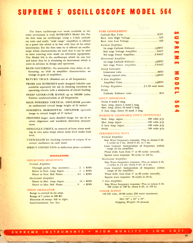 564 Oscilloscope Specs